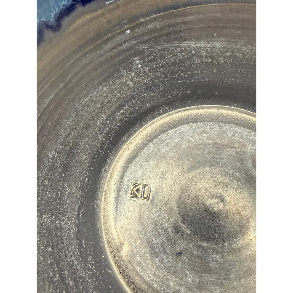 Handmade Studio Pottery Blue Drip Glaze Stoneware Serving Bowl Artisan Signed
